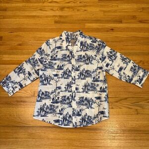 Chico's (M‎ 8–10) Wrinkle Resistant Shirt Blue White Cityscape Cotton Travel